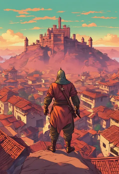 HD clear，Optimal image，illustration，超詳細，high detal，A ninja，eventide，suns，preparing to fight，Stand on a medieval rooftop，Overlooking，crowd of，Castle in the distance