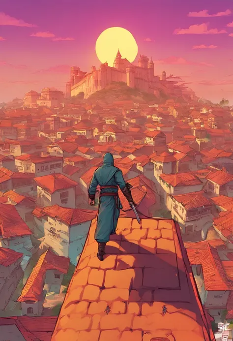 HD clear，Optimal image，illustration，超詳細，high detal，A ninja，eventide，suns，preparing to fight，Stand on a medieval rooftop，Overlooking，crowd of，Castle in the distance