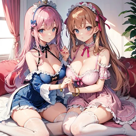 2 girls、chestnut-colored hair、fluffy and soft hair、Blue eyes、Gingham Check One Piece、setup、Colossal tits、Lace and ruffles、Retro、knee high socks、Enchanted breasts、Enchanted thighs、Pink lip、Pink Nails、Retro and cute room、heart mark、bow ribbon、Retrocute、a cho...