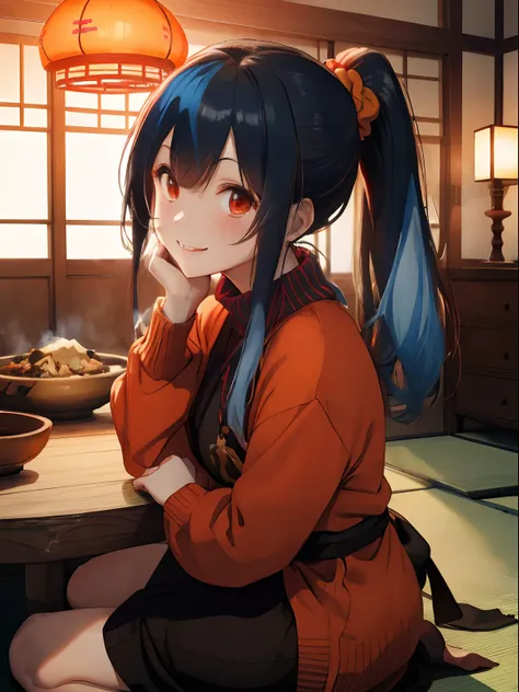 Japan house illuminated by orange lights,Family gathering in the living room,A clay pot is placed on the table(Scrunchie,ginseng,mushroom,tofu),Dinner around the pot with everyone,dinner,during a meal,Steam rises from the pot,fluffy dark blue hair,Tie in a...