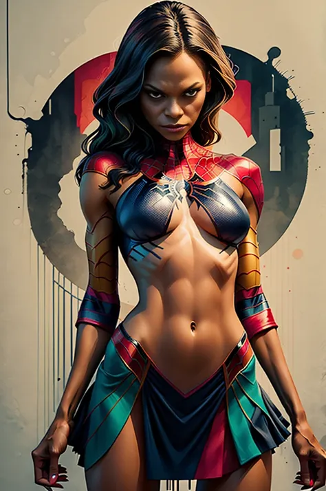 Zoë Saldana、Sticking out the navel、newyork、She wears a torn Spider-Man suit,wearing skirt、 Red and black color scheme,Dynamic、​masterpiece、top-quality、ultra-detailliert、ighly detailed、beautiful detailed brilliance、超A high resolution