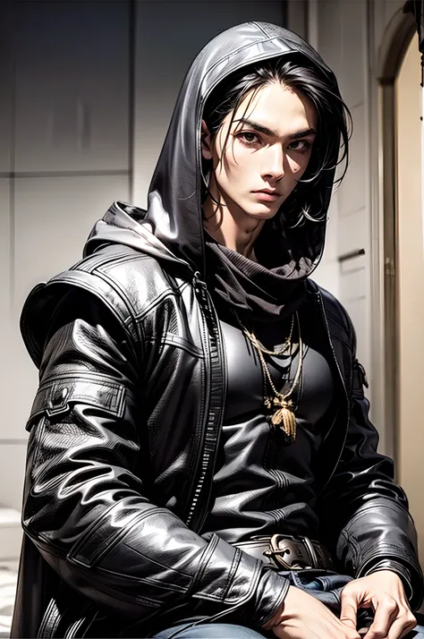 (absurderes, hight resolution, ultra-detailliert), 1 male, Adult, Handsome, High muscular face, broad shoulders, finely detailed eyes, Short black hair, Brown eyes, Black cloak, Wearing a hood, Leather Vest, Leather bag at waist........................, 2 ...