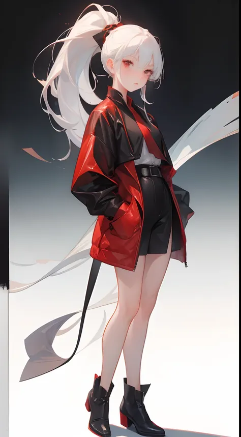 ((masterpiece)),(((bestquality))), (character full body), 1 girl, ponytail hair,white-haired, red eyes, black leather suite, (si...