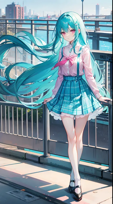 Long turquoise hair reaches waist-length，Scattered hair curtains，Pink eyes，Girl in a plaid dress and a short skirt，The figure is good，white stockings，Walk on the overpass