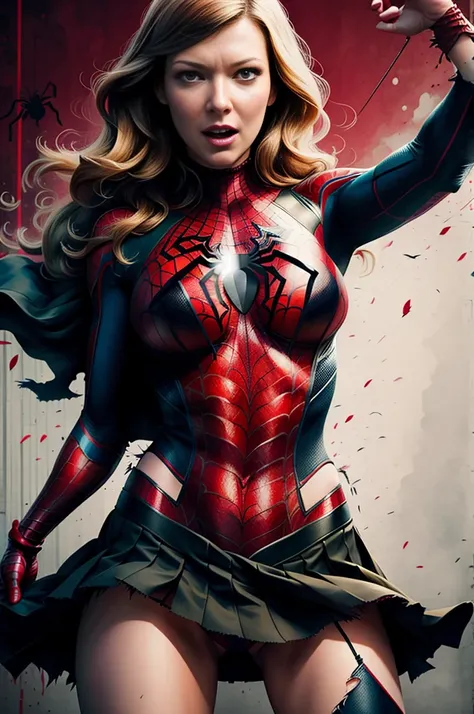 Anna Torv、Sticking out the navel、newyork、She wears a torn Spider-Man suit,wearing skirt、 Red and black color scheme,Dynamic、​masterpiece、top-quality、ultra-detailliert、ighly detailed、beautiful detailed brilliance、超A high resolution