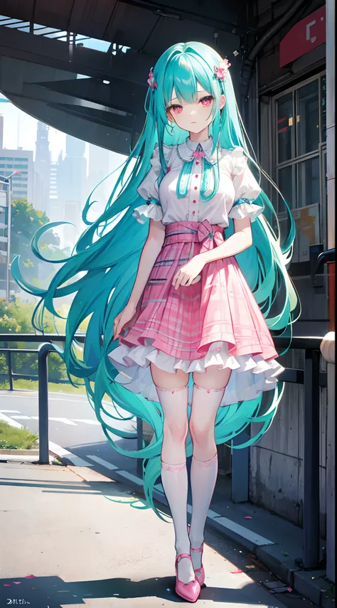 Long turquoise hair reaches waist-length，Scattered hair curtains，Pink eyes，Girl in a plaid dress and a short skirt，The figure is good，white stockings，Walk on the overpass