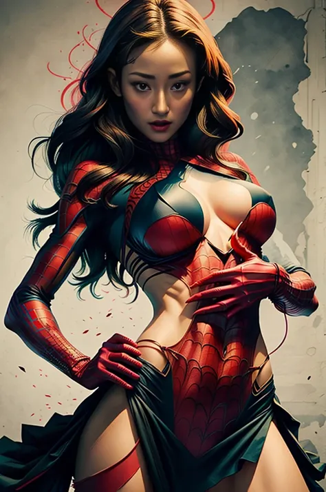 Maggie Q、Sticking out the navel、newyork、She wears a torn Spider-Man suit,wearing skirt、 Red and black color scheme,Dynamic、​masterpiece、top-quality、ultra-detailliert、ighly detailed、beautiful detailed brilliance、超A high resolution