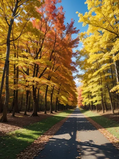 There are rows of trees on both sides of the trail. There are maples on the left and ginkgo on the right. There are many fallen leaves on the ground,  photorealistic