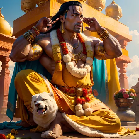 Hollywood actor Dwayne Johnson , dressed like an Indian poojari, yellow Indian dress, performing pooja , Indian style in front of a Hindu temple, highly detailed high quality 8K image