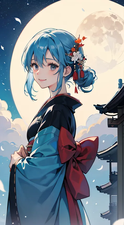 Beautiful girl alone、Sky blue hair、Long、animesque、a smile、Black eyes、独奏、Kimono、lonely、Colored leaves、natta、a moon