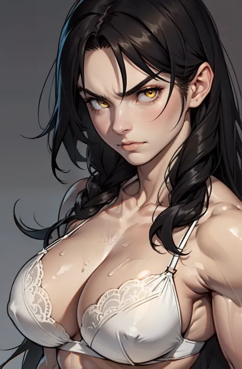 ((1 girl)), extremely long hair, solo, ((muscular)), veins, black hair, yellow eyes, pale skin, strong, veins, abs, (huge breasts), frowning, close up lace lingerie