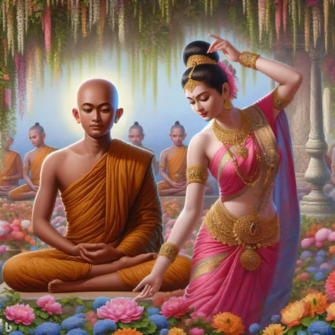 a painting of a man and woman sitting in a garden, tithi luadthong, thailand art, buddhist, buddhist art, by John La Gatta, rob rey and kentarõ miura, buddhism, standing gracefully upon a lotus, by Alexander Kucharsky, lotus, beautiful depiction, by John M...