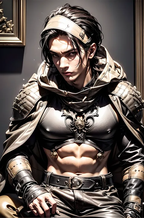 (absurderes, hight resolution, ultra-detailliert), 1 male, Adult, Handsome, High muscular face, broad shoulders, finely detailed eyes, Short black hair, Brown eyes, Black cloak, Wearing a hood, Leather Vest, Leather bag at waist.........................., ...