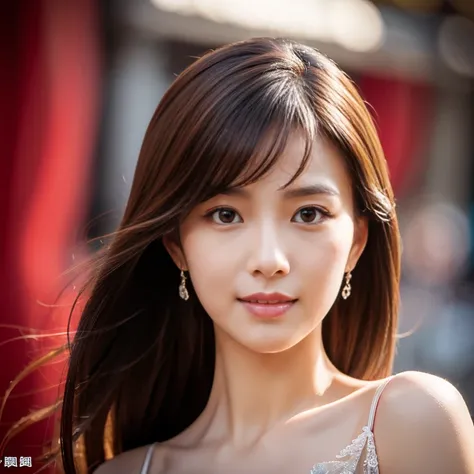 best qualityer，tmasterpiece，32K Ultra HD quality，Superb beauty，(Dignified)，generous，(mature)，upperbody closeup，Red bra dress，The face is rich in detail，Astigmatism，Large depth-of-field background。