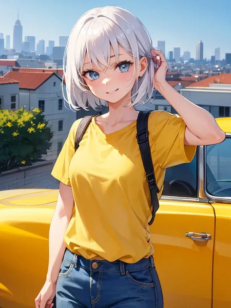 1girl, short white hair, blue eyes, wearing plain yellow shirt, denim shorts, rooftop, absurdres, high res, ultrasharp, 8K, masterpiece, looking at viewer, happy face