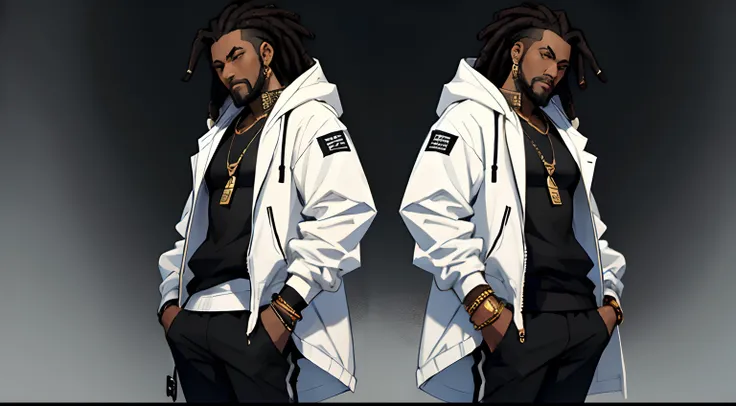 clothing design. full body. front and side. black and white hip hop clothes. open jacket. tank top. black man with dreadlocks. very dark skin. short beard. gold jewelry