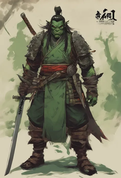 Good orcs, ax , Green orcs, warrior, Dark green complexion,Weapons, 年轻, extremely detaile, A half body，Samurai of Japan，frontage，being thin，Stand on the hills，katana swords