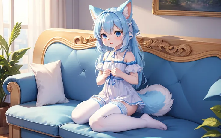 Smooth and fluffy powder blue animal ears adorn this adorable character，This 8k HDR image is rendered in the best quality。She is petite and delicate，Kneel on the sofa，Her expression was flat，Fold your hands on your knees，The shaggy tail wags non-stop。She w...