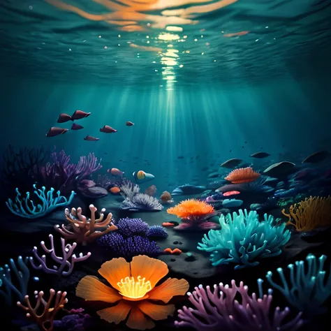 Bioluminescence under the sea, vibrant colors , red, blue, green, orange, bioluminescent weeds