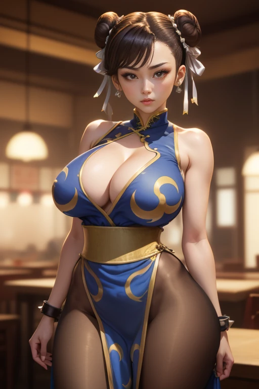 (masterpiece: 1.1), Chun-li, mature looking woman, MILF, (1girl), solo:1.4, (in a blue and gold qipao_embroidered posing for a picture, cleavage, brown leggings, loincloth) portrait of chun-li, (brown_eyes, short_hair, brown_hair, double_bun), detailed eye...