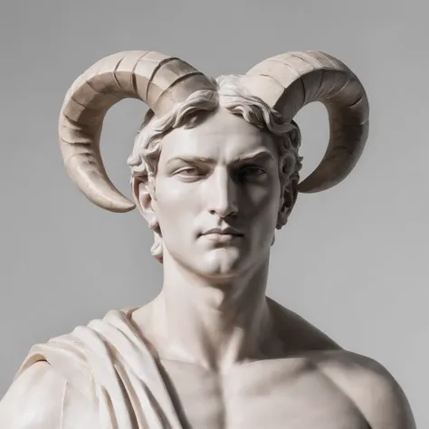 Greek style statue of a man with horns in a dark studio, perfect body statue, man statue, marble statue, minimal background, classic physique.