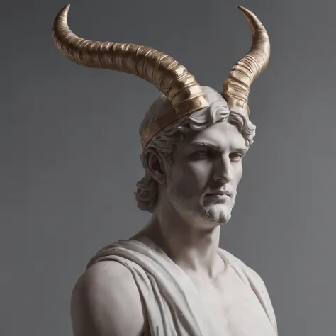 Greek style statue of a man with horns in a dark studio, perfect body statue, man statue, marble statue, minimal background, classic physique, ultra detailed.