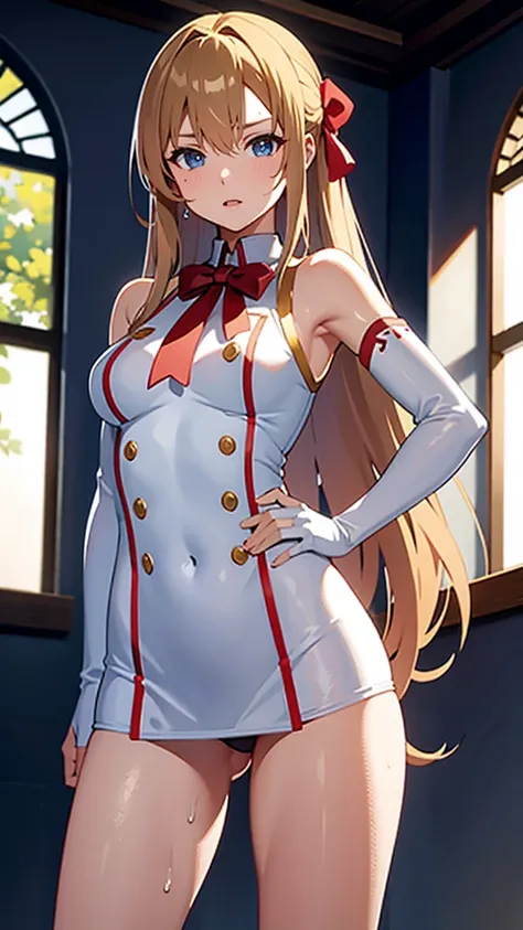 (​masterpiece, top quality, professional illustration), beautiful middle breasted, ultra detailed Asuna:1.3, open stance, in heat, sweat, tears, POV, blue-sky:1.3