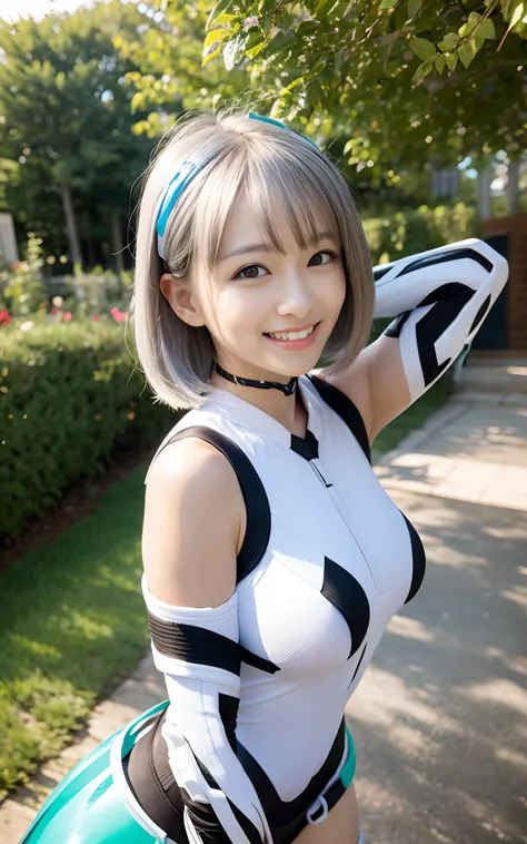 lightsmile, deva battle suit, Outdoors, Silver hair, bobhair, Blue eyes, waist shot