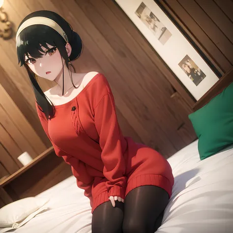 masuter piece, Best Quality, 超A high resolution, top-quality, Anime style, Yol･Forger, Spy Family, (1girll:1.4), Red Knitwear, Drop shoulder, black-green hair, Yellow headband, Hair UP, Black stockings