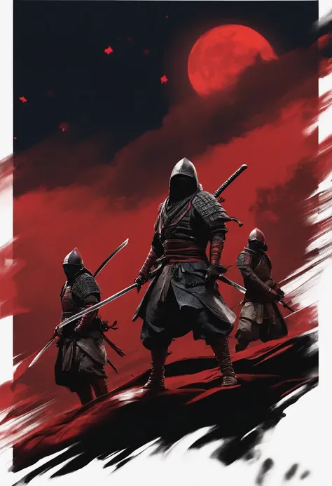 Ninjas from feudal Japan were blindfolded，Holding a katana in front of the red moon, Urban Samurai, anthem game inspiration, epic image, Era,（Dungeons & Warriors Ghost Swordsman）