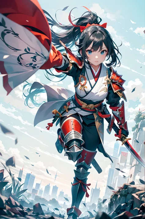 Raise your sword aloft、Anime characters in armor, 1girl in, Samurai,arma, Sword, Black hair, Solo,round big eyes,Deep scarlet eyes, Ponytail, Long hair, katanas, Hakama,((Japanese armor))),((plate armor)), holding weapon, ((Leg armor)), Hold the sword, Loo...