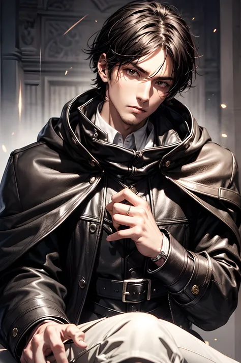 (absurderes, hight resolution, ultra-detailliert), 1 male, Adult, Handsome, High muscular face, broad shoulders, finely detailed eyes, Short black hair, Brown eyes, Black cloak, Wearing a hood, Leather Vest, Leather bag at waist...............................