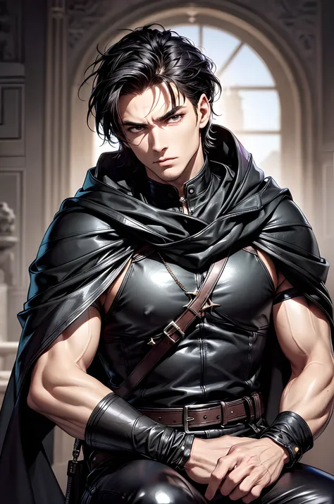 (absurderes, hight resolution, ultra-detailliert), 1 male, Adult, Handsome, High muscular face, broad shoulders, finely detailed eyes, Short black hair, Brown eyes, Black cloak, Wearing a hood, Leather Vest, Leather bag at waist...............................