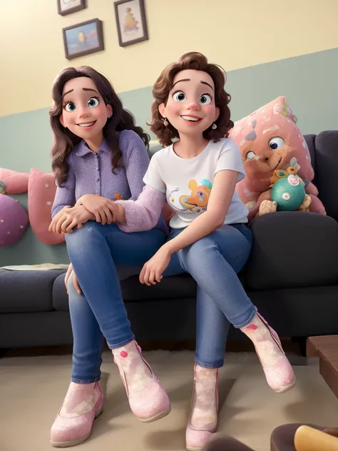 Meninas de 05 e 04 anos, Estilo Disney Pixar, sentada no sofa com almofadas