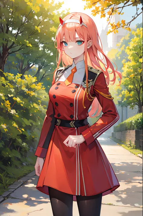 masterpiece, best quality, highres, aazero2, long hair, horns, hairband, military uniform, orange necktie, red dress, long sleeves, black pantyhose, cowboy shot, standing, outdoors, garden, sunlight,