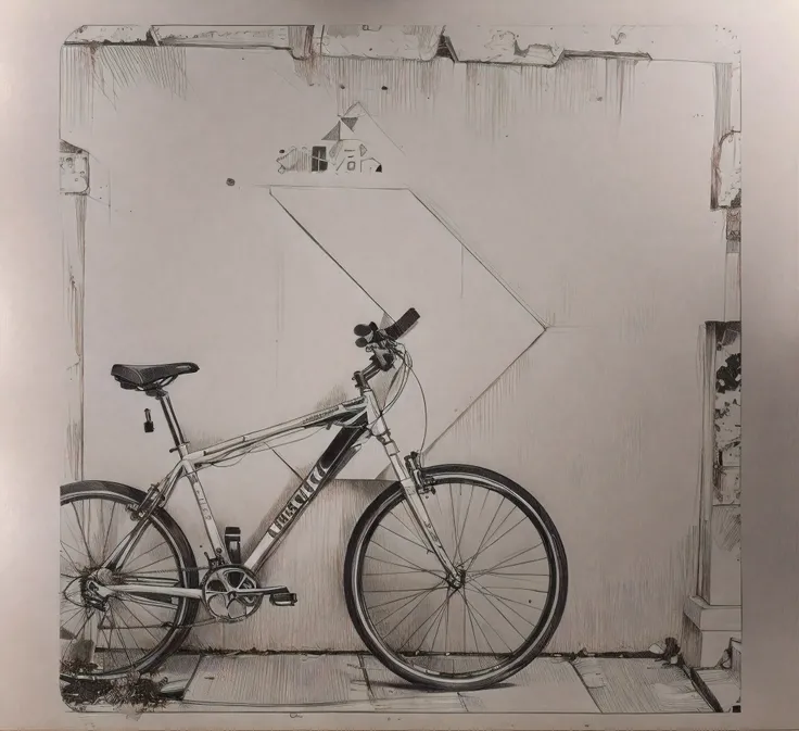 Theres a bike in high definition, encostada a uma parede com uma seta amarela, bicicleta no fundo, granulado, bicicleta, , ocultar geometria, geometria, ciclismo!!, foto granulada, cor polaroid foto, Bicicletas, Geometrical, foto mid shot, illustartion, ex...