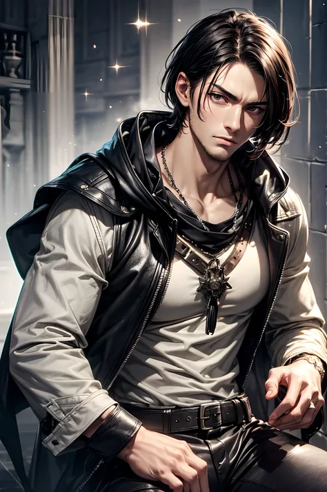 (absurderes, hight resolution, ultra-detailliert), 1 male, Adult, Handsome, High muscular face, broad shoulders, finely detailed eyes, Short black hair, Brown eyes, Black cloak, Wearing a hood, Leather Vest, Leather bag at waist...............................