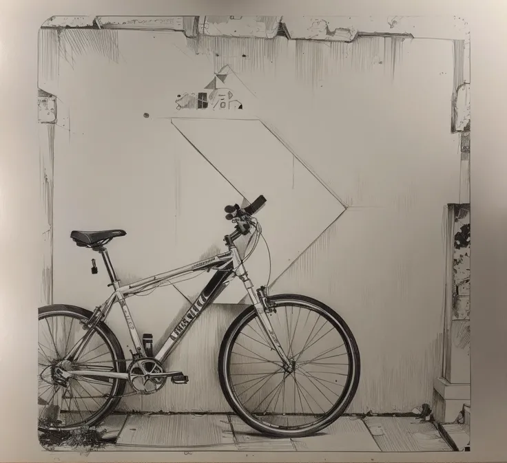 Theres a bike in high definition, encostada a uma parede com uma seta amarela, bicicleta no fundo, granulado, bicicleta, , ocultar geometria, geometria, ciclismo!!, foto granulada, cor polaroid foto, Bicicletas, Geometrical, foto mid shot, illustartion, ex...