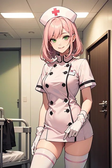 1girl, solo, nurse, nurse cap, white wear, ((white legwear, zettai ryouiki)), white gloves, pink hair, green eyes, drooping eyes, smile, standing, ((hospital room)), sharp outline, short sleeves, best quality, masterpiece