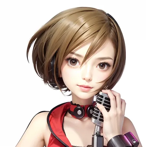 girl with a microphone and headphones on, female protagonist 👀 :8, brown hair, brown eyes, short hair, vocaloid