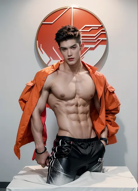 Sculpture design，Figures，GK model，male people，（The whole body of the character），Expose muscles，（sexy for），（Exquisite base），Wu Yifan，The color is bright，Rich in color，Handsome cybernetic boy looking at camera lingerie detailed muscular reality masterpiece，m...