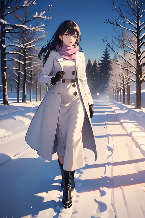 A beautiful young woman walking through the snow-covered countryside, wearing a long winter coat, winter boots, and gloves, with an elegant stride. Her face is rosy from the cold, and her eyes reflect the sparkling snowflakes falling around her. Her lips h...