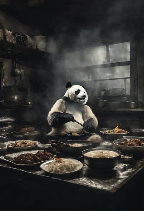 Realism, 真实感, Capture a touching moment, When a giant fluffy panda in a chefs apron, with a Praar cap on his head,  Standing behind the stove in the restaurant., On the stove of skoworrd with other meat. Crowded restaurant, Old Vintage BD Restaurant, Peopl...