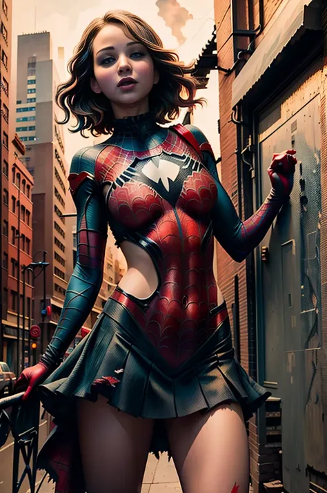 Jennifer Lawrence、Sticking out the navel、newyork、She wears a torn Spider-Man suit,wearing skirt、 Red and black color scheme,Dynamic、​masterpiece、top-quality、ultra-detailliert、ighly detailed、beautiful detailed brilliance、超A high resolution