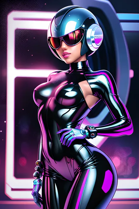 1girl, Jessica Alba, woman in a bodysuit and sunglasses, cyborg fashion shot, cyborg fashion model, holographic suit, wearing futuristic clothing, chrome outfit, chrome bodysuit, wearing futuristic, futuristic clothing and helmet, biomechanical bodysuit, m...