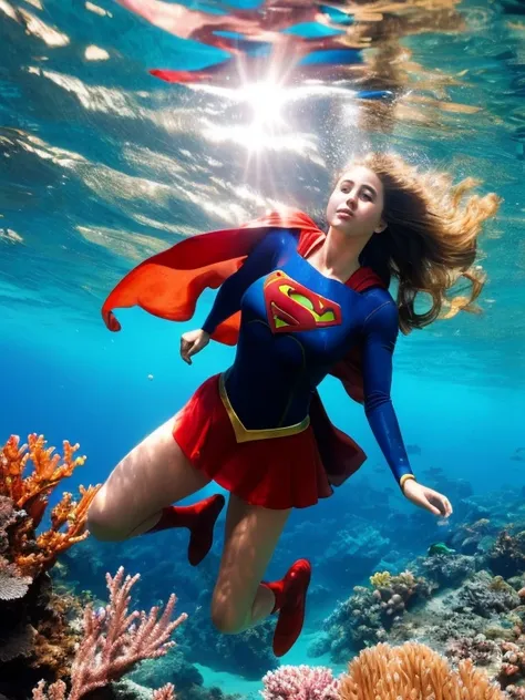 a full body image of the beautiful Supergirl, flying, underwater, there are corals, her hair stands up soft, the suns rays are distorted by the salt water