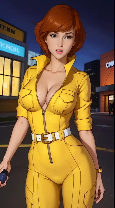 Unreal engine: 1.4, UHD, Best quality: 1.4, photorealistic: 1.4, skin texture: 1.4, masterpiece: 1.8, Cowboy shot, April ONeil waifu, 1980s (style), 1 woman, Short ((crimson)) hair, Serious expression, Worried expression, Retro art style, Short hair, Femal...