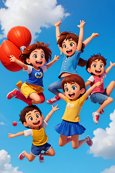 5 happy kids jumping, com um fundo azul