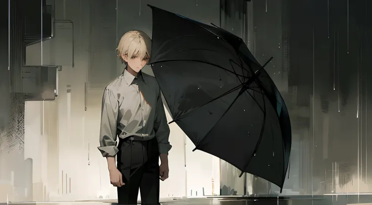 Young man standing in the rain, dark grey button up shirt, black pants, short wet messy blonde hair, brown eyes, looking down, sad, wet, raining, dark, grey dark sad background