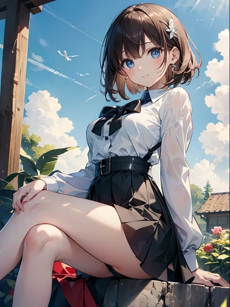 (8K、top-quality、​masterpiece:1.2)、(reallistic、Photorealsitic:1.2)、A little girl standing looking at me、Angle seen from the ground、up skirt、Beautiful sky after rain、watching at viewers、A smile、large full breasts、Fine and beautiful eyes、brown haired、(short-h...